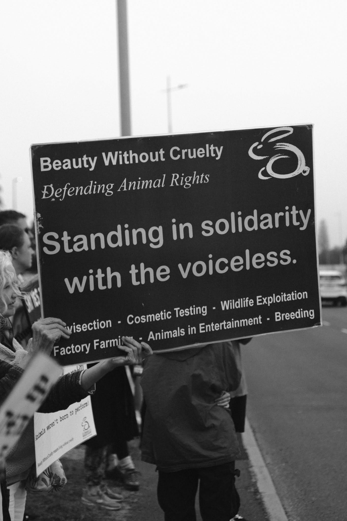 Close-up of a BWC placard: "Standing in solidarity with the voiceless" listing vivisection, cosmetic testing, wildlife exploitation, factory farming, animals in entertainment and breeding